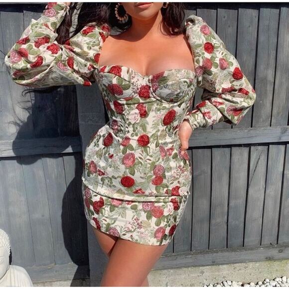 HOUSE OF CB 'Azie' Vintage Floral Jacquard Puff Sleeve Mini Dress NWT XL - Picture 7 of 9